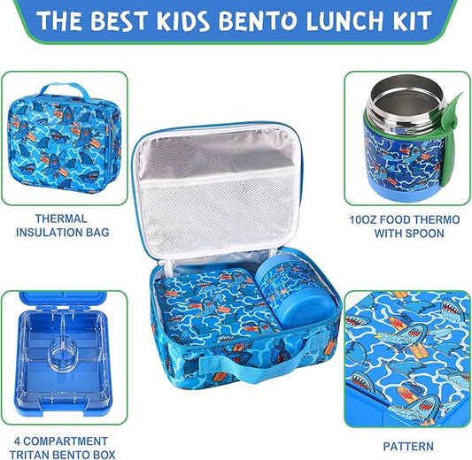 Bento Lunch Box Set With 10oz Soup Thermo, Leak-proof Lunch Containers with 4 Compartment, Kids Hot Thermo Food Jar/Insulation Lunch Bag, Food Containers for School(Shark)