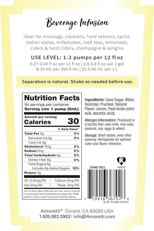 Amoretti - Lemonade Beverage Infusion Drink Mix & Water Enhancer with Pump for Flavoring Cocktails, Waters, Teas, and other Beverages, 94 Servings Per Bottle (750 ml), Preservative Free