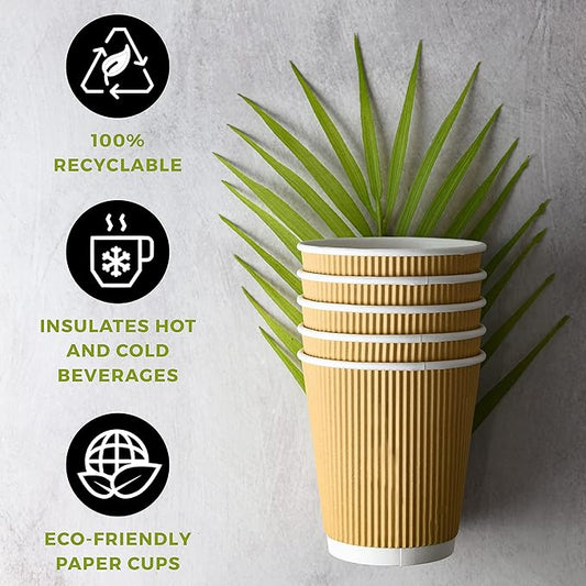 NYHI 100 10 oz Ripple Kraft Paper Cups Brown Hot Cold 3 Layer Rippled Small Insulated Disposable Coffee Cups for Cappuccino Hot Cocoa or Iced Drinks