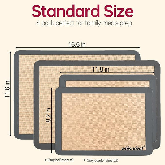 4 Pack Silicone Baking Mat, Non-Stick Silicone Baking Sheet, Food Safe, 480℉ Heat Resistant, 2 Half & 2 Quarter (Grey)