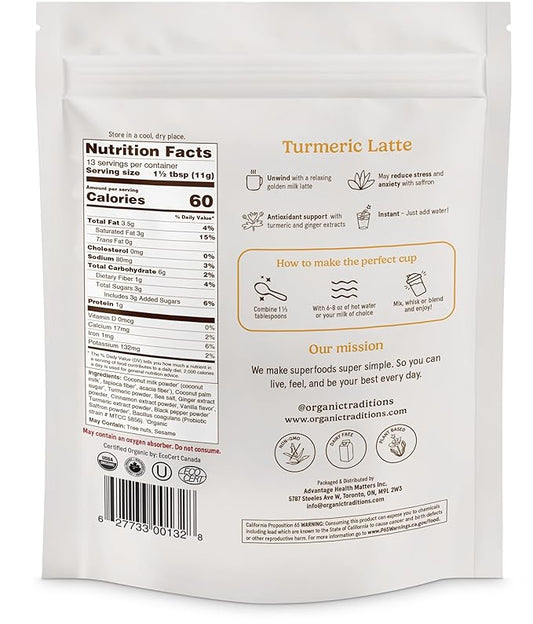 Organic Traditions Turmeric Latte – Creamy Coconut Milk Base – Saffron & Turmeric Blend – Easy to Mix – Sweetened with Coconut Palm Sugar – 1 Billion Probiotics per Serving - 150g/5.3oz Bag