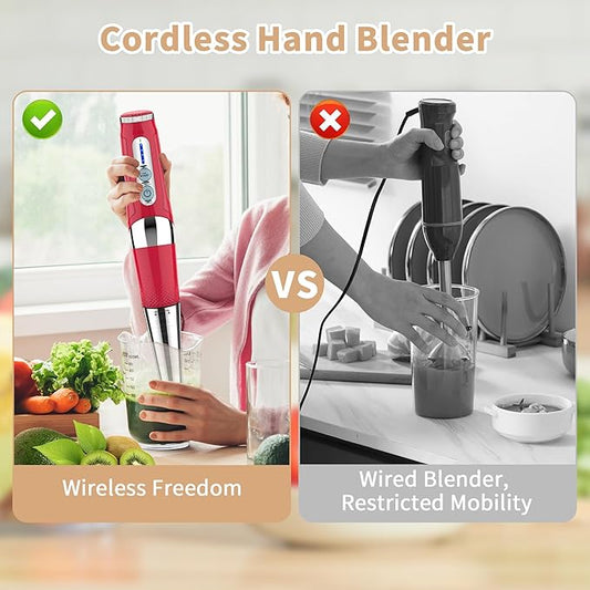 Cordless Immersion Blender Handheld: Powerful Rechargeable Electric Hand Blender, 21-Speed & 3-Angle Adjustable with Stainless Steel Blades for Milkshakes, Smoothies, Soup, Puree, Baby Food (Red)