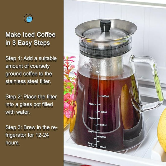 Aquach 34 Oz Cold Brew Coffee & Iced Tea Maker – Airtight Lid, Dishwasher Safe, Borosilicate Glass Caraf