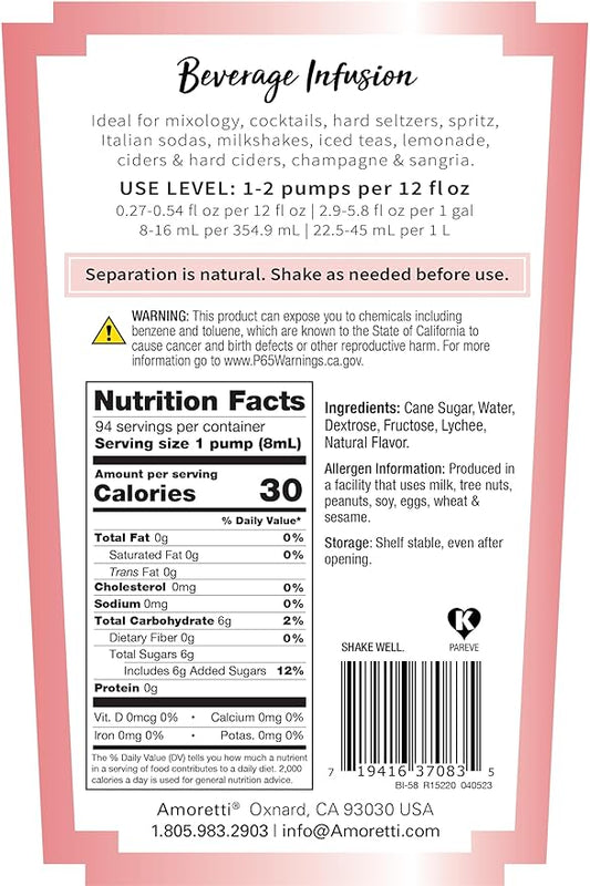 Amoretti - Lychee Beverage Infusion, 94 Servings Per Bottle (750 ml) - Drink Mix & Water Enhancer with Pump for Flavoring Cocktails, Waters, Teas, and other Beverages, Preservative Free