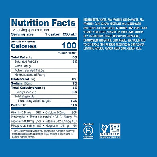 Ripple Original Plant Based Milk | 8g of Quality Sourced Pea Protein, Calcium Rich | Shelf Stable | Vegan & Non GMO Certified | Dairy, Soy, Nut, Gluten, & Lactose Free | 8 Fl Oz Cartons (Pack of 12)