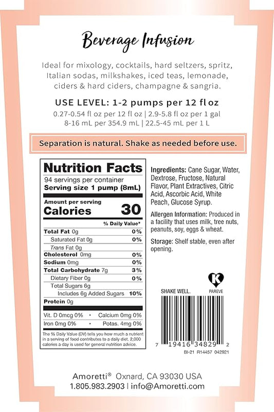 Amoretti - White Peach Beverage Infusion, 94 Servings Per Bottle (750 ml) - Drink Mix & Water Enhancer with Pump for Flavoring Cocktails, Waters, Teas, and other Beverages, Preservative Free