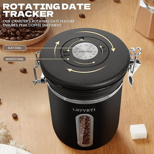 Coffee Canisters with Window,Scoop and Airtight Lid Stainless Steel Kitchen Bean Storage Grounds Container(22OZ/Black)Date Tracker and Scoop for Grounds Coffee Bar Accessories Beans, Cereal, Sugar
