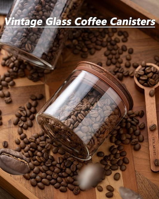 500ml Glass Coffee Canister with Wooden Lids and Scoop, Kitchen Coffee Container Set of 2 Hold Up to Total 12 oz of Coffee Bean, Airtight Food Storge Jars for Ground Coffee Bar Cereal Snack