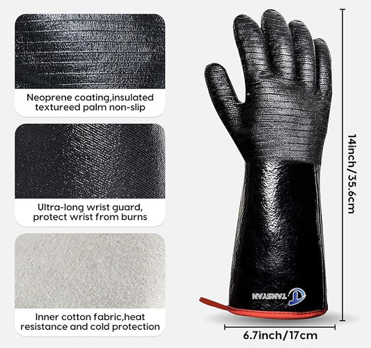 932°F Extreme Heat Resistant Gloves for Tansyan Grill BBQ, Waterproof Long Sleeve Pit Grill Gloves for Fryer, Baking, Oven,Smoker,Fireproof, Oil Resistant Neoprene Coating(14-Inch )