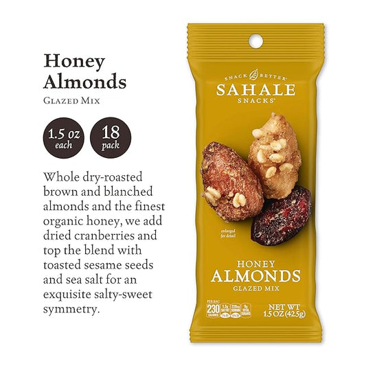 Sahale Snacks Honey Almonds Glazed Mix, 1.5 oz Grab & Go Bags (18 Packs) - Dry-Roasted Deluxe Mixed Nuts with Tart Cranberries & Madagascar Vanilla - Non-GMO, Kosher, & Certified Gluten-Free Snacks