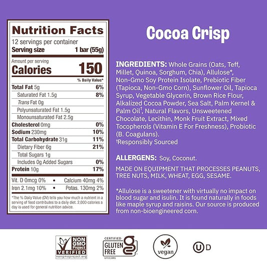 Munk Pack Probiotic Protein Bars - Cocoa Crisp | 10g Plant Protein, 1g Sugar, 6g Fiber | Diabetic-Friendly Ideal Breakfast Bars - On-the-Go Snacks, Gluten-Free, Non-GMO | 12 Count