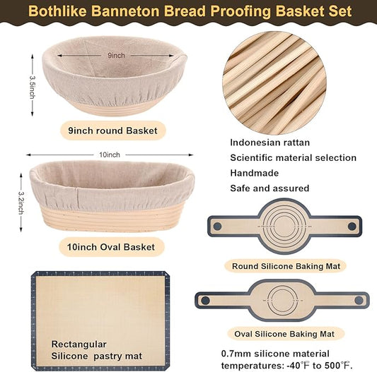 Banneton Bread Proofing Basket Set, 10 In Oval and 9 in Round Proofing Basket, Sourdough Bread Baking Supplies, Silicone Baking Mat, Danish Dough Whisk, Perfect Baker's Gift Set