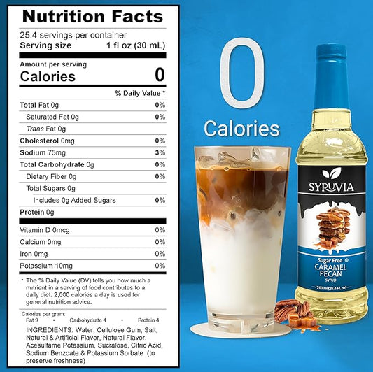 Syruvia Sugar Free Coffee Syrup, Caramel Pecan Flavored Syrup for Drinks, Lattes, and Desserts – 25.4 fl oz, With Pump