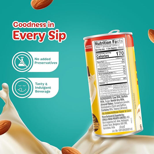 MTR Badam Drink, Ready-to-Drink - Authentic Indian Almond Milk Beverage, Real Bits of Almond & Saffron, No Added Preservatives, No Added Artificial Flavors & Colors, Gluten-Free, Refreshing Drink, Perfect for Anytime Refreshment, Pack of 6