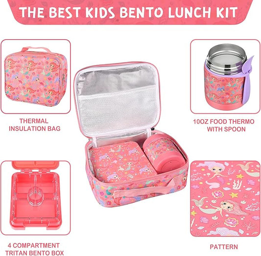 Bento Lunch Box Set With 10oz Soup Thermo, Leak-proof Lunch Containers with 4 Compartment, Kids Hot Thermo Food Jar/Insulation Lunch Bag, Food Containers for School(Mermaid)