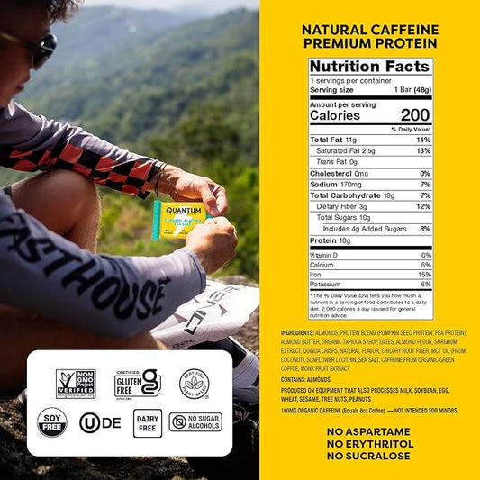 Quantum Energy Square: Energy Bar with Caffeine & 10g Protein. Delicious Healthy Snack On The Go. (Vegan, Gluten-free, Soy-free, Dairy-free) (Caramel Almond Sea Salt)