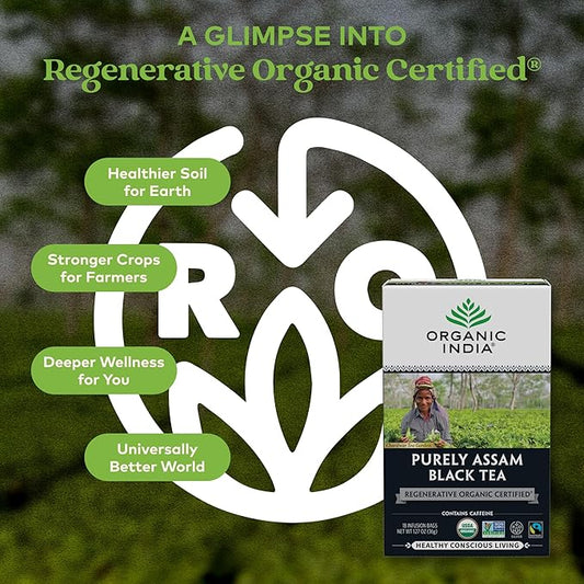 Organic India Purely Assam Black Tea - Caffeinated Herbal Tea Bags with Natural Assam Leaves, Enjoy with Milk & Sweetener, USDA Organic, Non-GMO, Fairtrade Certified - 18 Bags (Pack of 3)