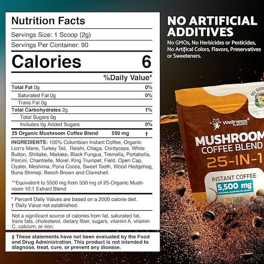 Mushroom Coffee Organic Instant Coffee, 25-in-1, Third-Party Tested Keto Friendly Lions Mane Supplement with Functional Mushrooms – Shiitake, Reishi, Lion’s Mane & More | Smooth, Rich Flavor - 90 Servings