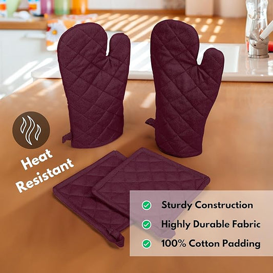 Native Fab 4 Piece Set - 2 Oven Mitts & 2 Potholders, Heat Resistant, 100% Cotton, Quilted Design, Non-Slip Grip, Machine Washable, Ideal for Baking, Cooking, BBQ, Kitchen Protection - Burgundy Wine