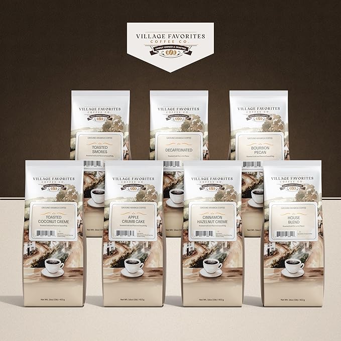 Village Favorites Flavored Coffee – Low Acid, Mold-Free, 100% Arabica, Slow Roasted Medium Roast, Smooth & Stomach Friendly, Ground, 1LB Bag (16oz)- Kosher (16oz, Toasted Coconut Crème)
