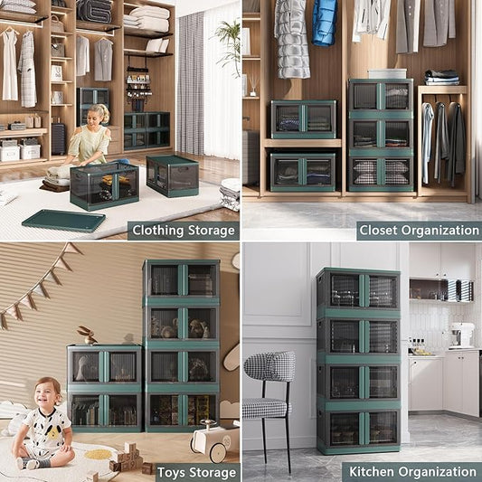 19Gal Collapsible Storage Bins with Lids & Wheels - 3 Pack Stackable with Doors, Heavy-Duty Plastic Containers for Home/Office, Green