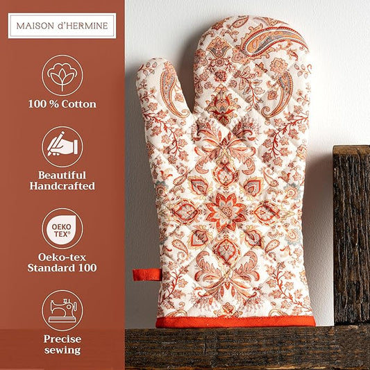 Maison d' Hermine Oven Gloves 100% Cotton Oven Mitt 7" x 13" with Loop Heat Resistant, BBQ, Cooking Gloves, Baking, Grilling, Kitchen, Handling Hot Pans (Pack of 1, Cachemire)