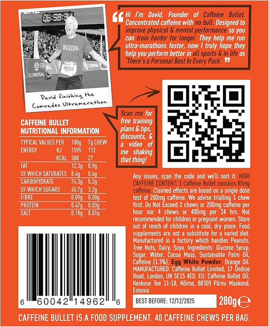 Caffeine Bullet Energy Chews - Chocolate Orange. 40 * 85mg - Faster Kick Than Pills, Gels and Gum. Sport Science for Running, Cycling, Gaming & A Pre Workout Endurance Boost.