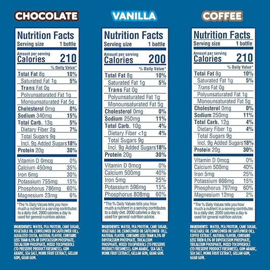 Ripple Plant Based Protein Shake Variety Pack | 20g of Quality Sourced Pea Protein, Calcium Rich | Shelf Stable | Vegan & Non GMO | Dairy, Soy, Nut, & Gluten Free | 12 Fl Oz Bottles (Pack of 12)