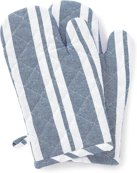 Encasa XO Long 12"x7" Oven Microwave Hand Gloves Mitts (2 pc Set) for Kitchen Cooking & Baking - Heat Resistant, Thick & Safe, Protection of Hands from Hot Utensils - Franca Blue Stripes