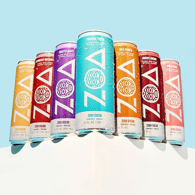 ZOA Zero Sugar Energy Drinks, White Peach - Sugar Free with Electrolytes, Healthy Vitamin C, Amino Acids, Essential B-Vitamins, and Caffeine from Green Tea - 12 Fl Oz (12-Pack)
