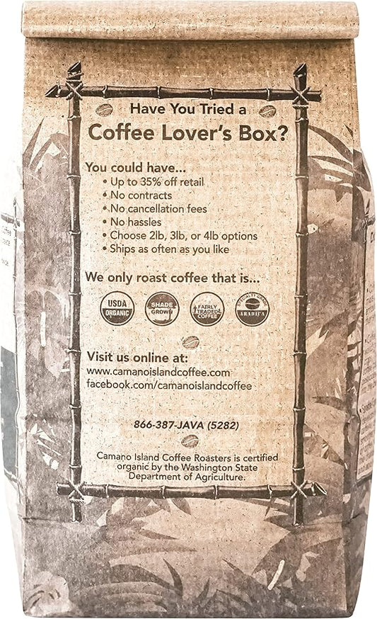 Camano Island Coffee Roasters Decaf Espresso Blend, Ground 1lb, Fresh Dark Roast Swiss Water Processed, USDA Organic, Fairly Traded, Shade Grown Top 1% Arabica, Sweet Molasses, Mixed Berry Flavor