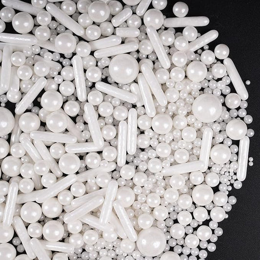 Kasvan White Pearl Sugar Sprinkles - Edible Candy Pearls 130g/4.58 Oz, Mix Size, Baking Cake Decorations, Ice Cream Toppings and Cookie Decorating, Wedding Party Chirstmas Supplies (White) (White)