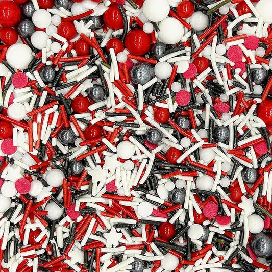 Dynastang Red & White & Black Sprinkles Mixed Style Edible Cake Decorations Cupcake Toppers Cookie Perfect for Cakes, Cupcakes, Desserts Toppings 3OZ