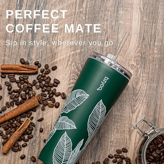 bzyoo SUP Double Wall Vacuum Insulated Tumbler with Straw and Lid Stainless Steel Water Bottle Travel Mug Cup Valentines Gifts For Him & Her, 24oz (710ml) Color: Leaf Green