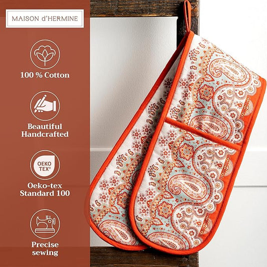 Maison d' Hermine Double Oven Mitts 100% Cotton 7"x35" Double Oven Mitt Heat Resistant BBQ Cooking Gloves with Loop, Baking, Grilling, Home, Kitchen, Handling Hot Pans (Cachemire)