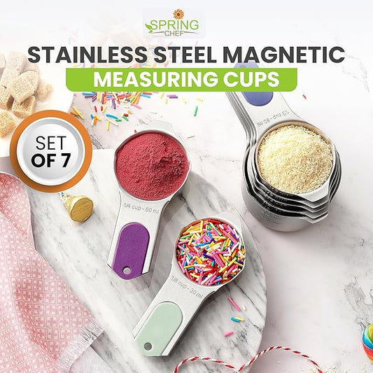 Spring Chef Magnetic Stainless Steel Measuring Cups (Patent Pending), Kitchen Tools with Easy to Read Markings for Measuring Dry or Liquid Ingredients, Set of 7, Winter Frost