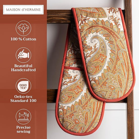 Maison d' Hermine Double Oven Mitts 100% Cotton 7"x35" Double Oven Mitt Heat Resistant BBQ Cooking Gloves with Loop, Baking, Grilling, Home, Kitchen, Handling Hot Pans (Kashmir Paisley)