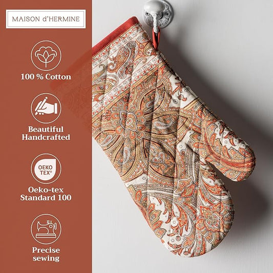 Maison d' Hermine Oven Gloves 100% Cotton Oven Mitt 7" x 13" with Loop Heat Resistant, BBQ, Cooking Gloves, Baking, Grilling, Kitchen, Handling Hot Pans (Pack of 1, Kashmir Paisley)