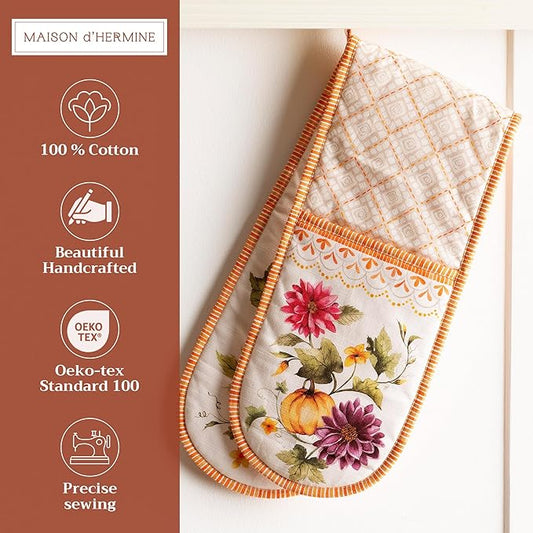 Maison d' Hermine Double Oven Mitts 100% Cotton 7"x35" Double Oven Mitt Heat Resistant BBQ Cooking Gloves with Loop, Baking, Grilling, Home, Kitchen, Handling Hot Pans (Pumpkin Garden - Cloudy Cream)