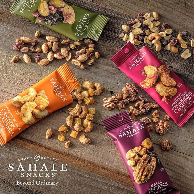 Sahale Snacks Maple Pecans Glazed Mix, 1.5 Oz Grab & Go Bags (18 Packs) Dry-Roasted, Deluxe Mixed Nuts with Cherries, Apples, Maple, and Cinnamon - Non-GMO, Kosher, and Certified Gluten-Free Snacks