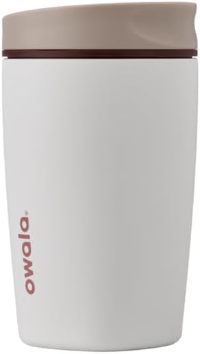 Owala SmoothSip Slider Insulated Stainless Steel Coffee Tumbler, Reusable Iced Coffee Cup, Hot Coffee Travel Mug, BPA Free 12 oz, Tan/White (Vanilla Bean)