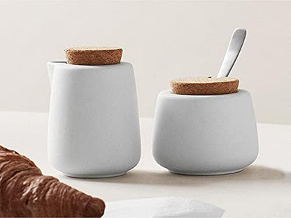 Viva Nicola White Sugar and Creamer Set, Porcelain Coffee and Tea Serving Set - Cream Pitcher and Sugar Bowl with Cork Lid and Metal Spoon, 7oz / 200ml Milk and Sugar for Coffee Bar