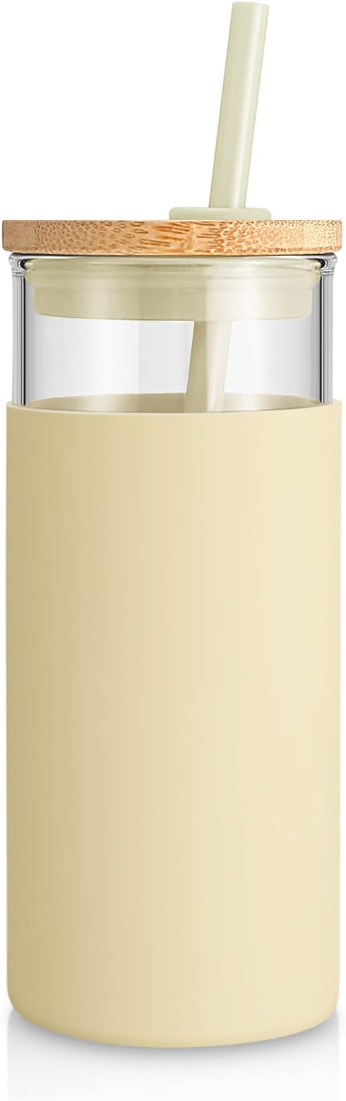 Tronco 20 oz Glass Tumbler Glass Water Bottle Straw Silicone Protective Sleeve Bamboo Lid - BPA Free (Gravel Ash)