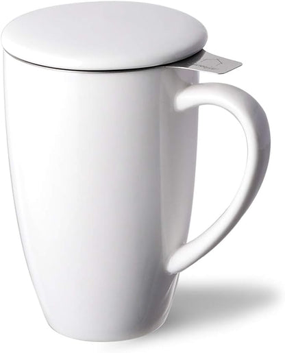 Sweejar Porcelain Tea Infuser Cup with Lid, 16 oz Teacup with Strainers for Loose Leaf, Microwave and Dishwasher Safe Coffee Mug, Steeping Mug for Tea Drinkers,Christmas Gift (White)