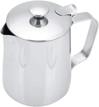 Stainless Steel Milk Frothing Pitcher, Stainless Steel Coffee Cup Mug Milk Frothing Pitcher Jug with Lid for Latte Coffee Art for Office Kitchen with handle(350ml)