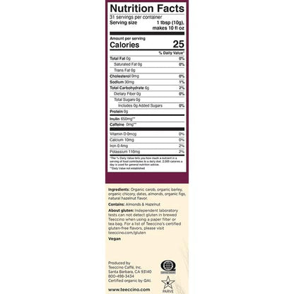 Teeccino Hazelnut Chicory Coffee Alternative - Ground Herbal Coffee That’s Prebiotic, Caffeine Free & Acid Free, Medium Roast, 1.1 Pound
