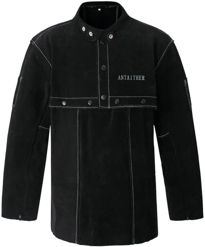 ANTAITHER Leather Welding Jacket with Open Back, Bib Apron with Cape Sleeve, Heat Flame Resistant Welder Coat