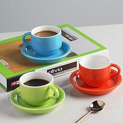 Sweejar Porcelain Espresso Cup & Saucer Set, Stackable Demitasse Cups with Metal Stand, 2.5 OZ for Latte,Coffee,Cafe Mocha,Tea, Set of 6(Multi)