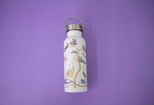 Mother of Pearl Design Stainless Steel Water Bottle 17 oz Leakproof Screw Cap Metal Handle Lid Wide Mouth Double Wall Vacuum Insulated Travel Sport Water Flask Thermo Mug (Crane Pine White)