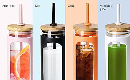 Kodrine 20oz Glass Tumbler with Straw and Lid, Iced Coffee Cups with Bamboo Lids, Glass Cups for Cold Drinks, Smoothie Cup with Silicone Sleeve for Travel, Work, BPA FREE-Rose